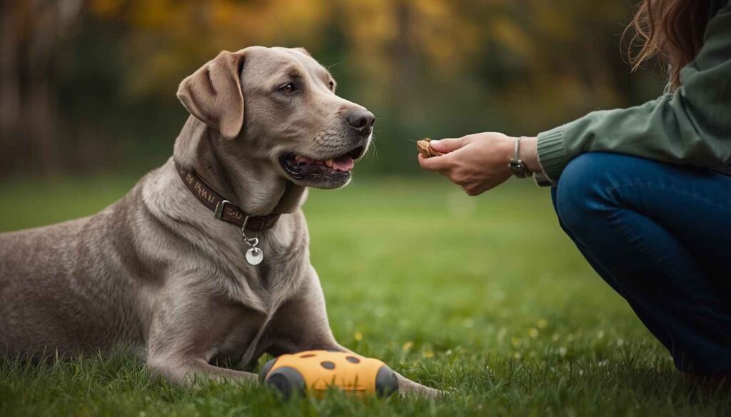 Silver Labrador sitting calmly during positive reinforcement training with its owner