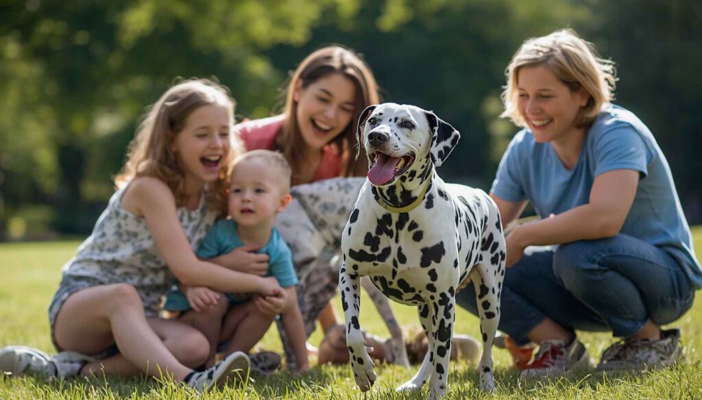 Friendly Dalmatian playing with family members in an outdoor setting