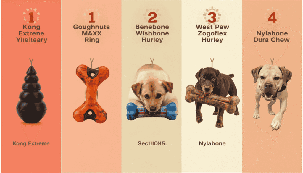 Comparison infographic featuring KONG Extreme Goughnuts MAXX Ring Benebone Wishbone West Paw Hurley and Nylabone Dura Chew