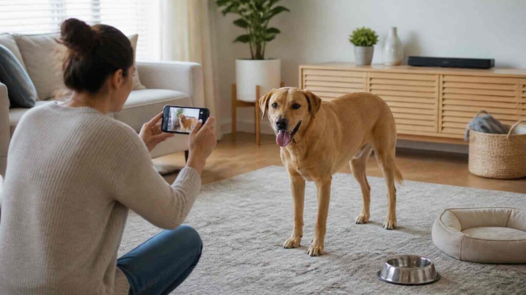 Dog owner checking tongue position, breathing, and overall condition while recording a video to share with the veterinarian.