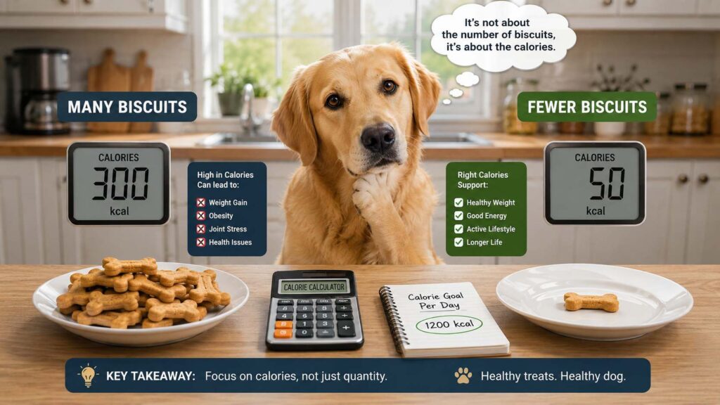 Golden Retriever comparing many dog biscuits with fewer biscuits to show why calorie intake matters more than biscuit count for healthy treats.