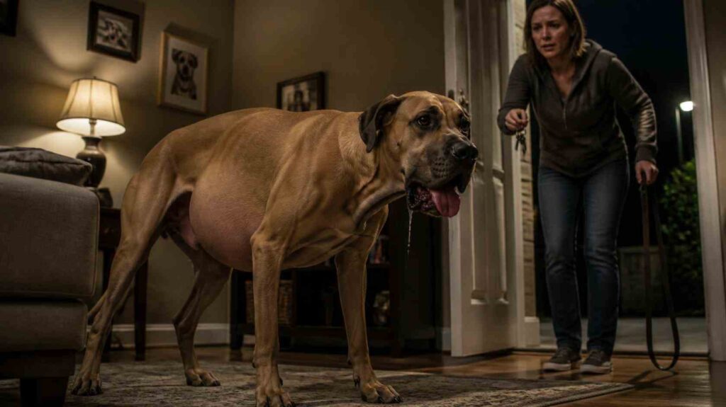 Dog panting with a swollen abdomen, drooling, restlessness, and signs of unsuccessful retching.