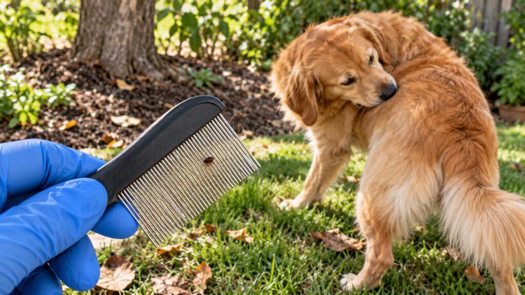 Golden retriever grooming outdoors while a gloved hand holds a flea comb containing a small flea.