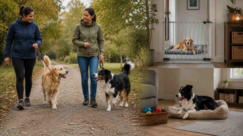 Two dogs beginning with a supervised parallel walk before gradually sharing a home with separate resting spaces.