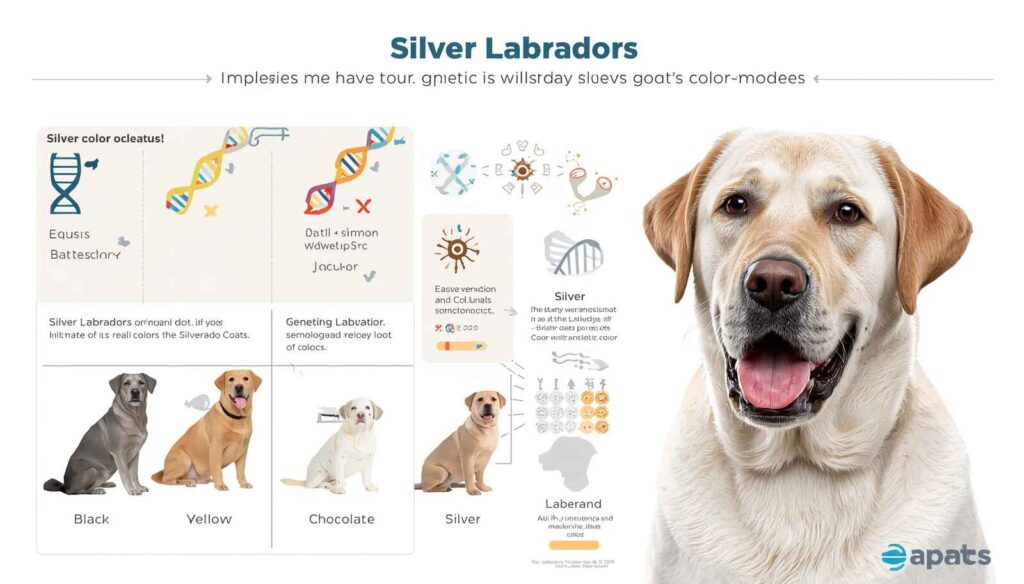 Educational infographic explaining the genetics of the Silver Labrador coat color