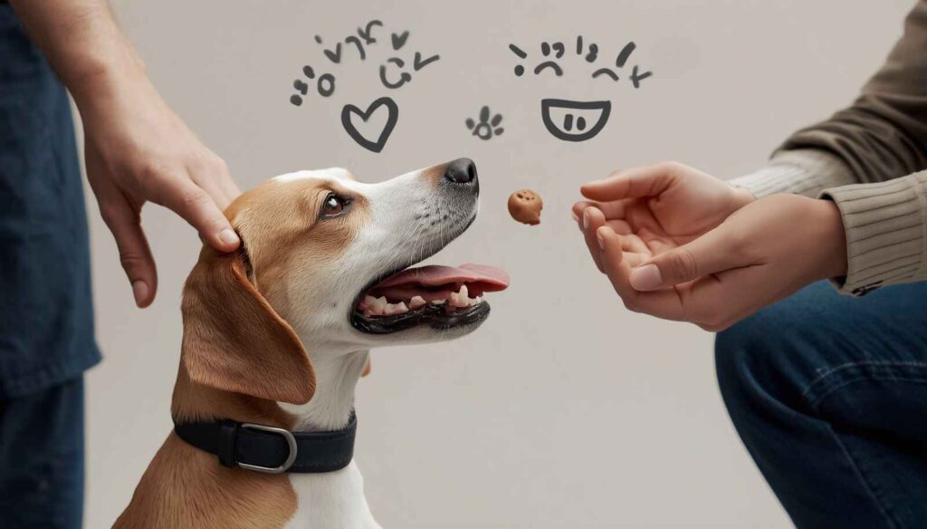 Dog receiving treats praise and affection after returning to its owner during recall training