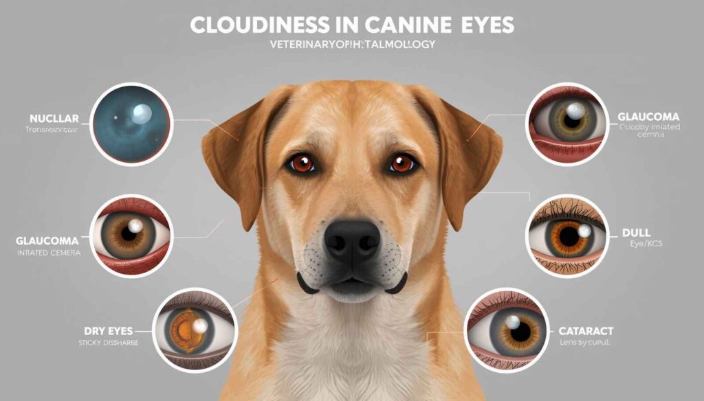 Different cloudy eye conditions in dogs including cataracts, glaucoma, corneal disease, and dry eye