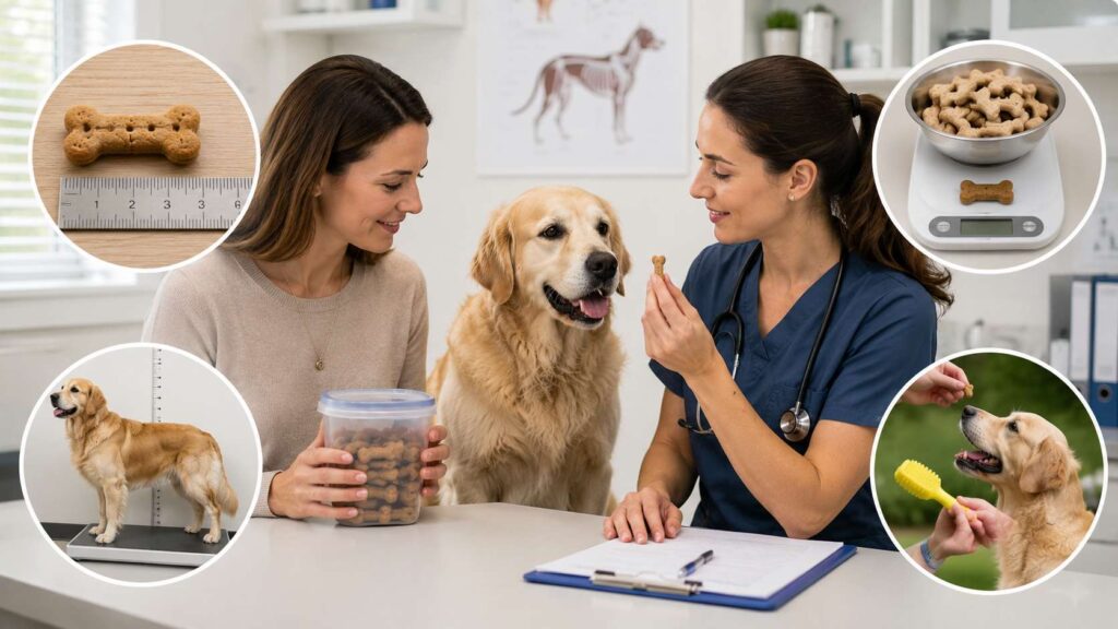Veterinarian helping a dog owner assess whether a Milk-Bone treat is suitable by checking biscuit size, portion, dog body condition, and feeding purpose.