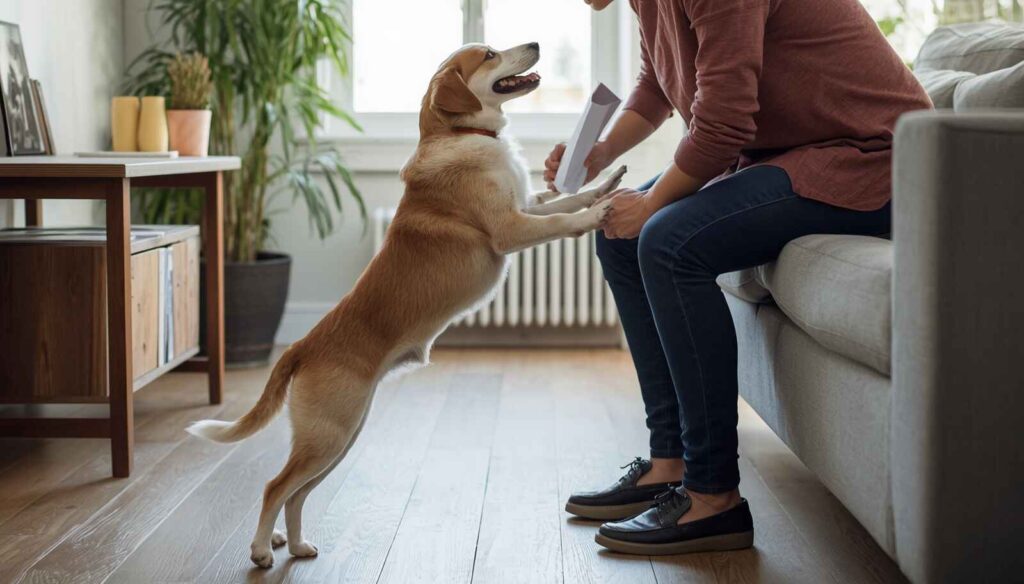 Dog jumping on a guest who accidentally rewards the behavior with attention