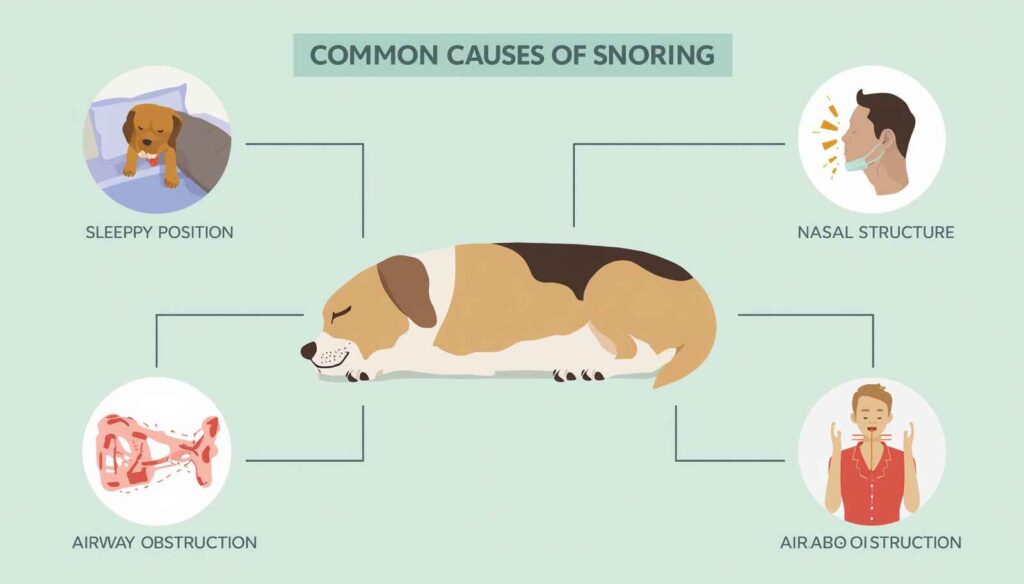 Infographic showing common causes of dog snoring including sleeping position airway structure allergies and excess weight