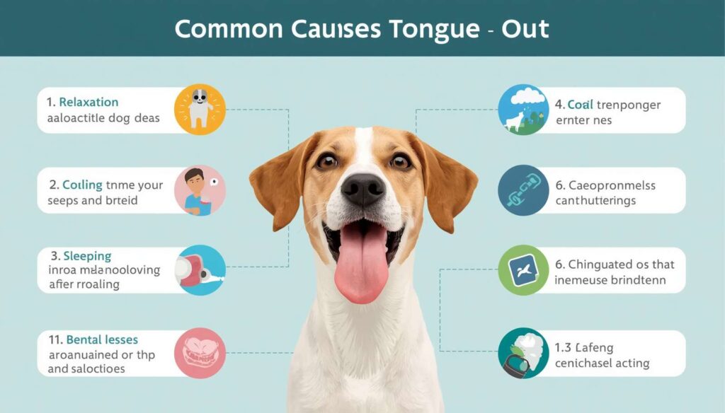 Educational infographic showing common reasons dogs stick their tongues out including panting relaxation sleeping and dental issues