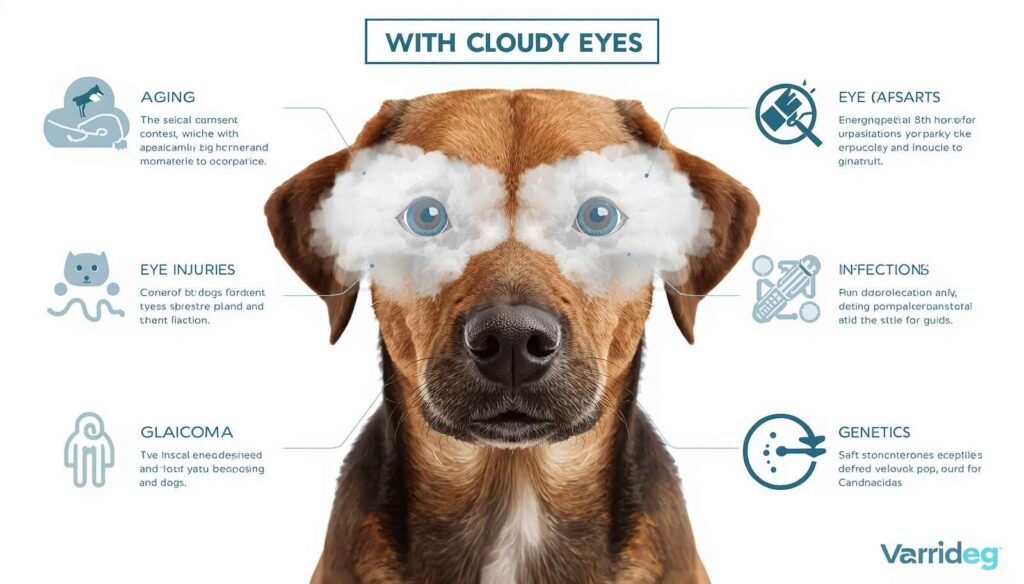Educational infographic showing common causes of cloudy eyes in dogs