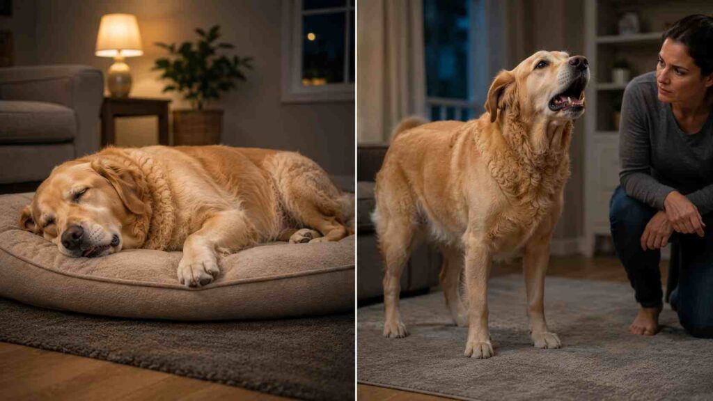 Why do dogs snore comparison showing relaxed sleep snoring versus concerning noisy breathing while awake.