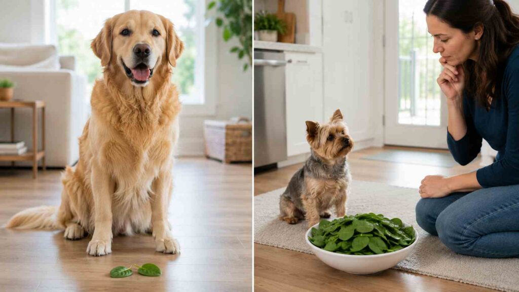 Small and large dogs beside different amounts of plain spinach