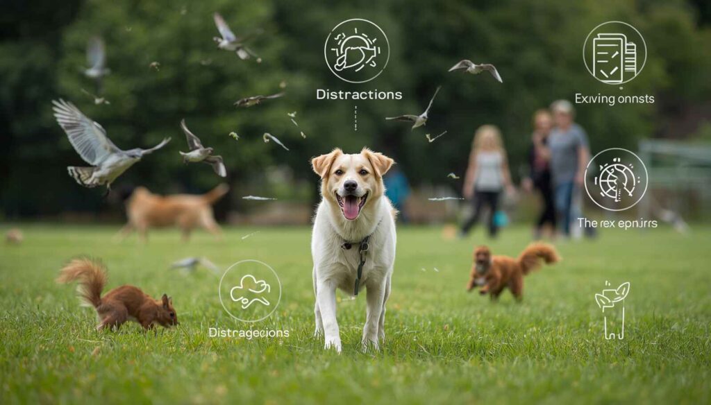 Dog distracted by birds people other dogs and interesting smells during outdoor training
