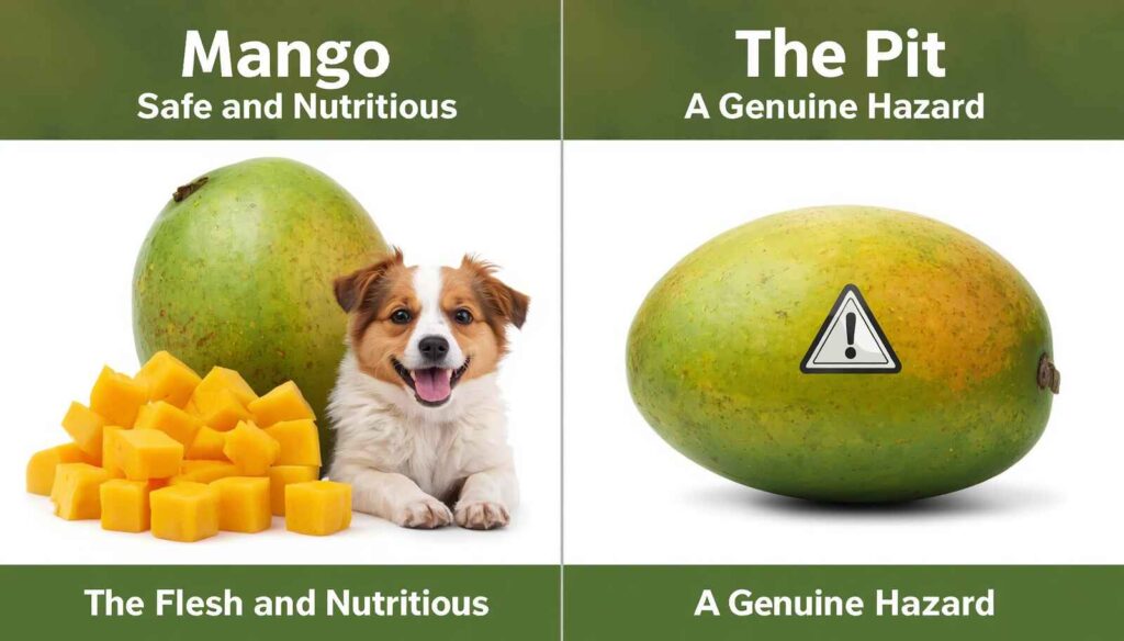 Comparison of safe mango flesh and unsafe mango pit for dogs

