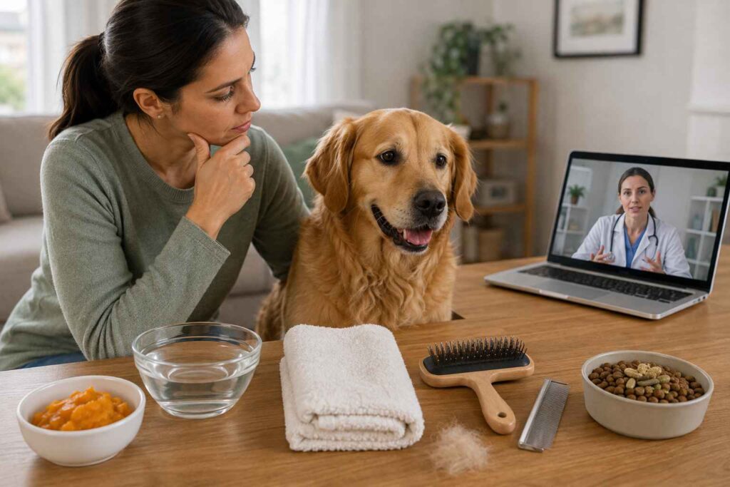 Warm compress, plain pumpkin, water, and grooming supplies shown as supportive options for dog scooting
