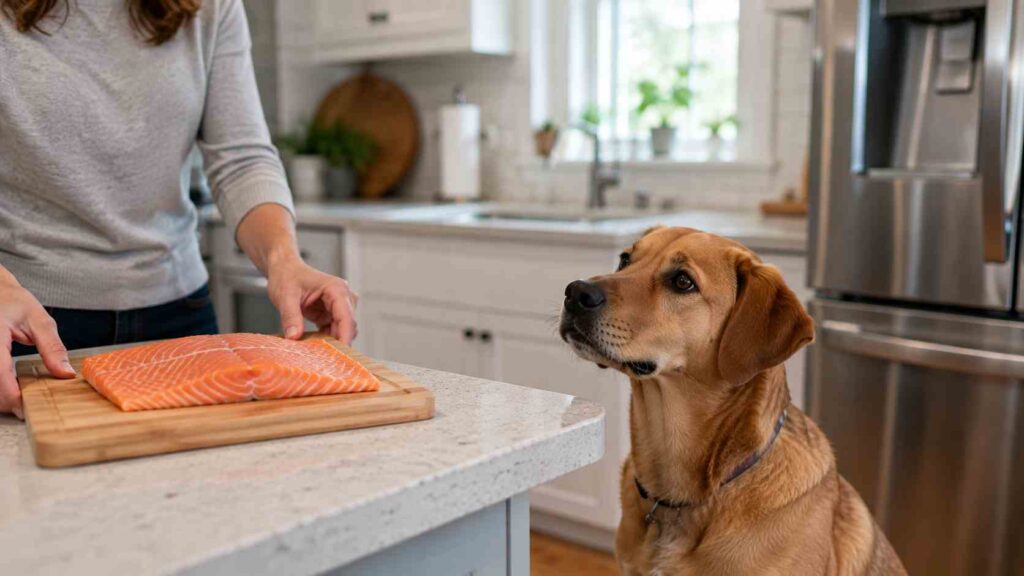 Can dogs eat salmon raw when a curious dog is near an uncooked salmon fillet on a kitchen counter