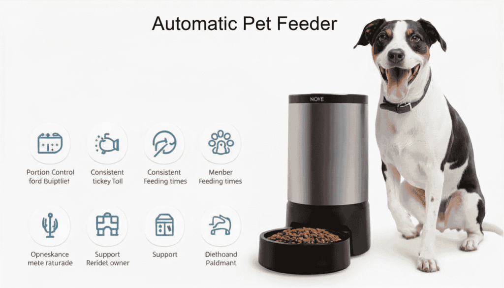 Automatic dog feeder dispensing food on schedule with portion control and feeding time indicators