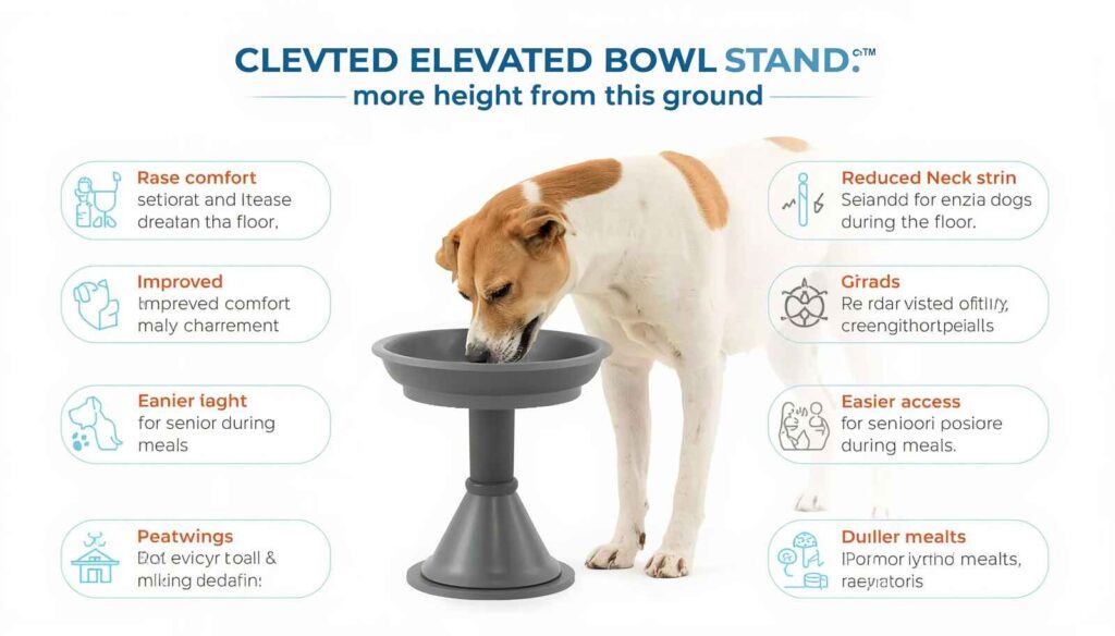Dog eating from a raised bowl with educational graphics showing posture and comfort benefits