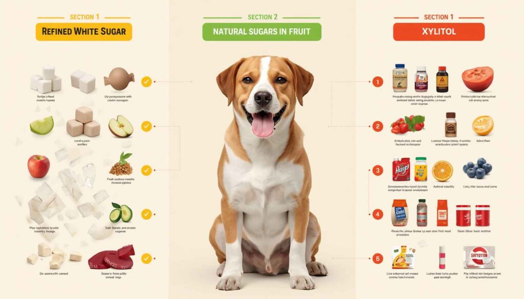 Infographic comparing refined white sugar natural fruit sugars and xylitol for dogs
