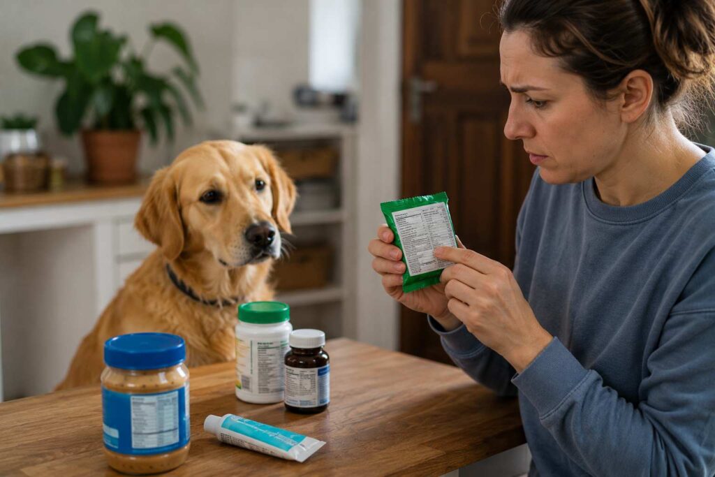 Can dogs eat sugar safely when a product is sugar-free? An owner checks the ingredient label for xylitol while the dog sits nearby.