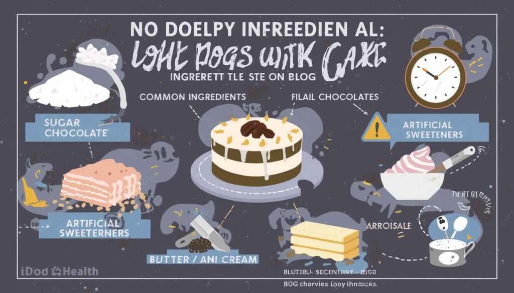 Cake ingredients infographic showing sugar chocolate raisins and other potentially harmful ingredients for dogs