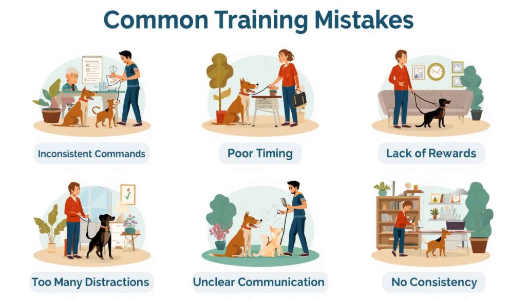 Educational image showing common dog training mistakes and practical solutions
