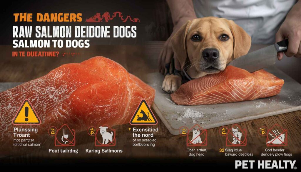 Raw salmon on a cutting board with warning symbols and a dog kept safely away