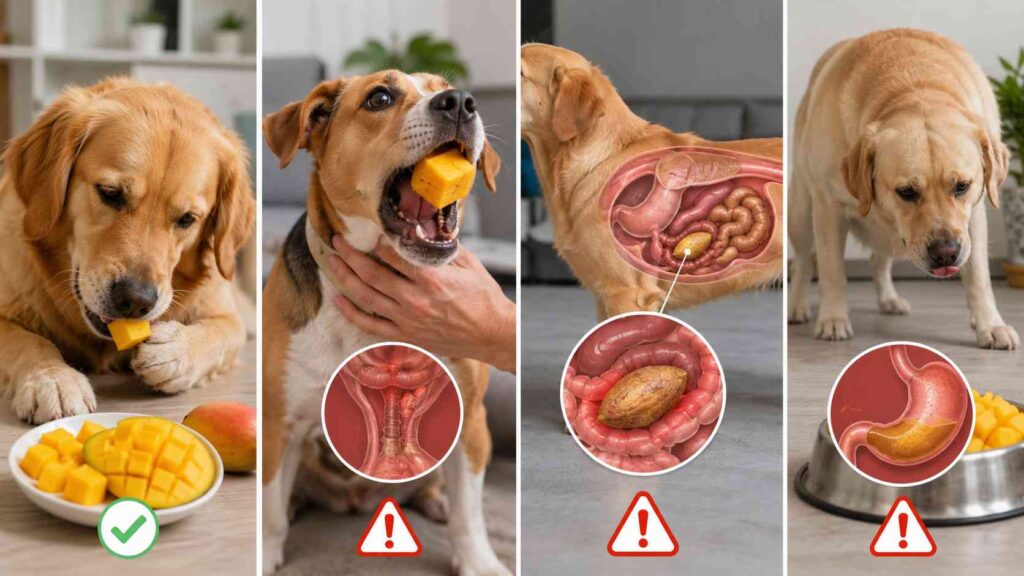 Dog health risks associated with mango, including choking, digestive upset, and intestinal blockage.