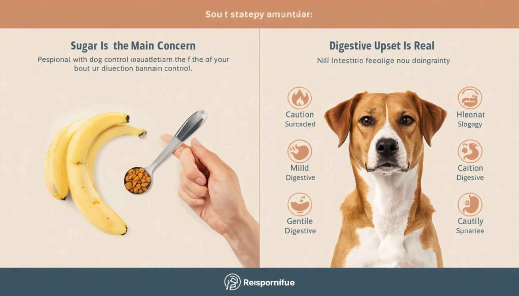 Educational infographic showing sugar content and digestive upset risks of feeding bananas to dogs