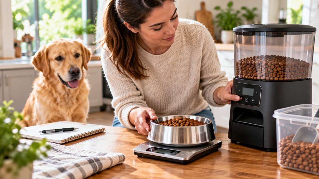 Dog owner weighing kibble from an automatic feeder on a digital kitchen scale while a Labrador watches.