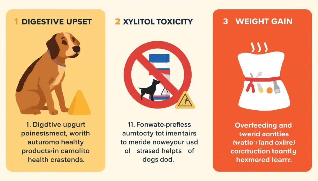 Veterinary infographic showing digestive upset xylitol toxicity and weight gain risks from yogurt for dogs