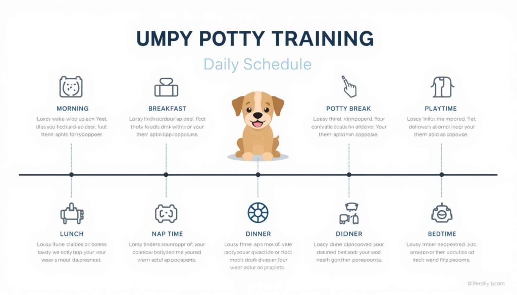 Puppy potty training schedule showing meals potty breaks playtime naps and bedtime routine