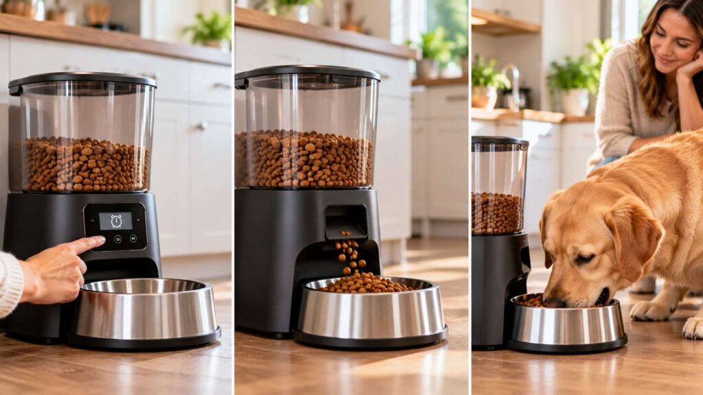 Three-panel comparison showing a programmed feeding time, kibble dispensing, and a Labrador eating.