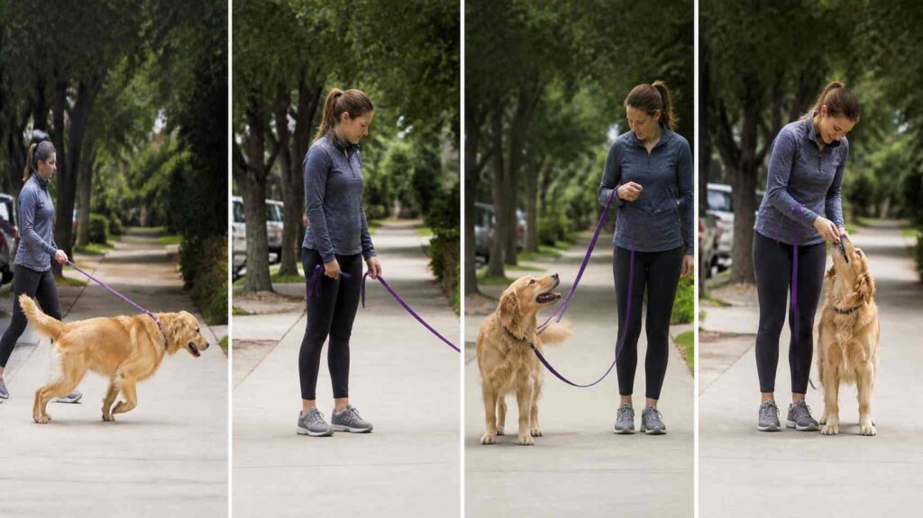 How to Leash Train a Dog That Pulls using positive reinforcement with the owner stopping, waiting for leash slack, and rewarding calm walking beside the leg.