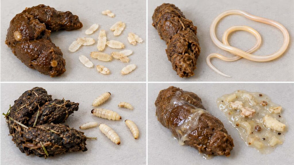 Comparison of rice-like tapeworm segments, long roundworms, fly larvae, mucus and undigested material in dog stool.