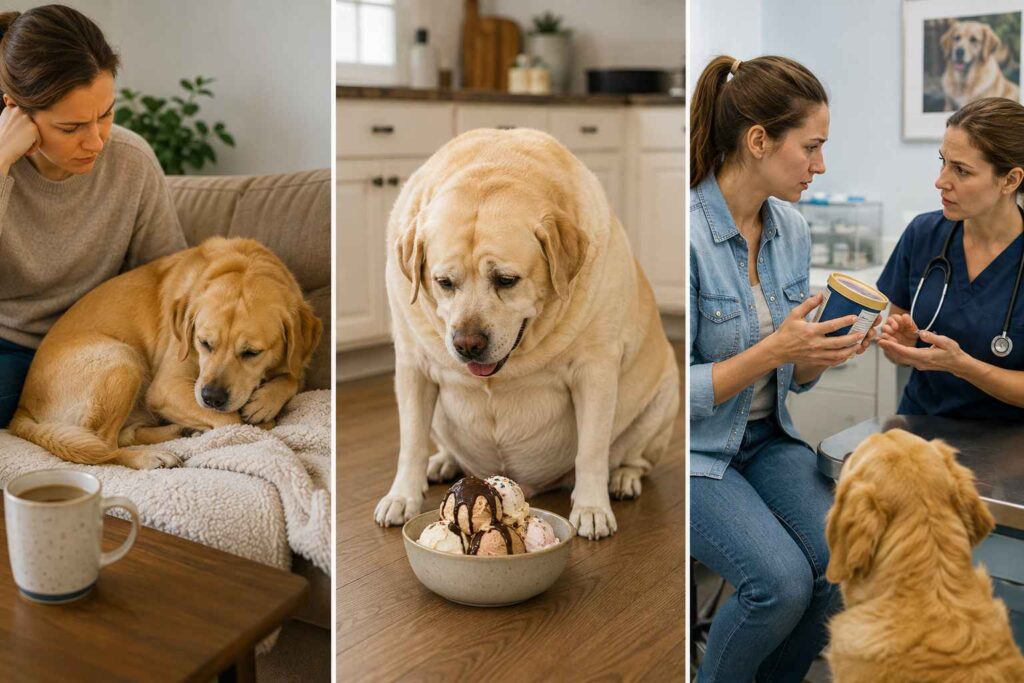 Three scenes showing digestive upset, excess calories, and potentially toxic ice cream ingredients for dogs.