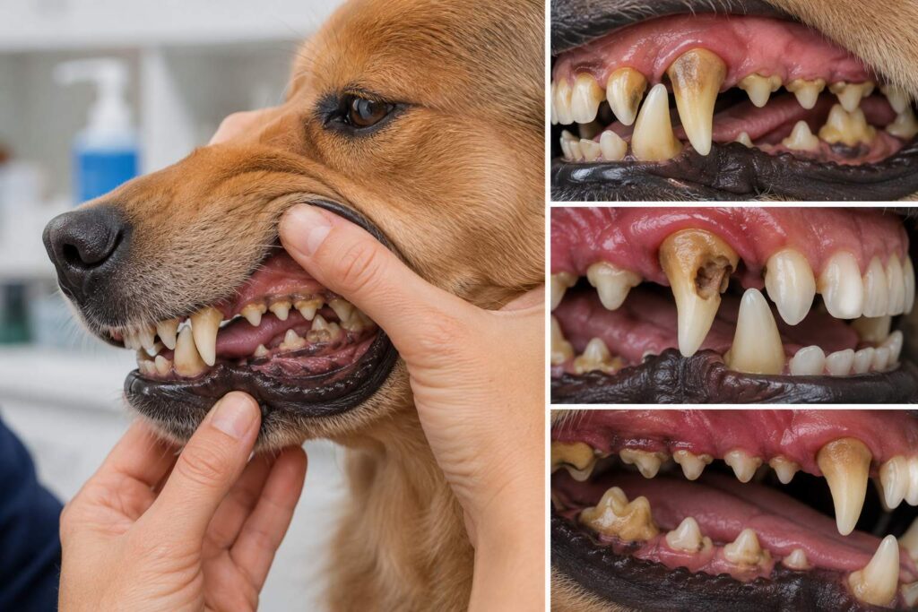 Adult dog teeth showing tartar, mild gum redness, and a damaged tooth despite a complete dental set