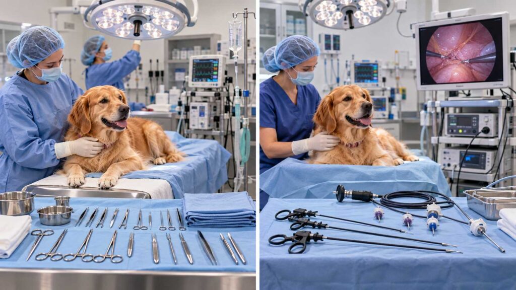 Comparison of traditional and laparoscopic veterinary equipment used for dog spay procedures