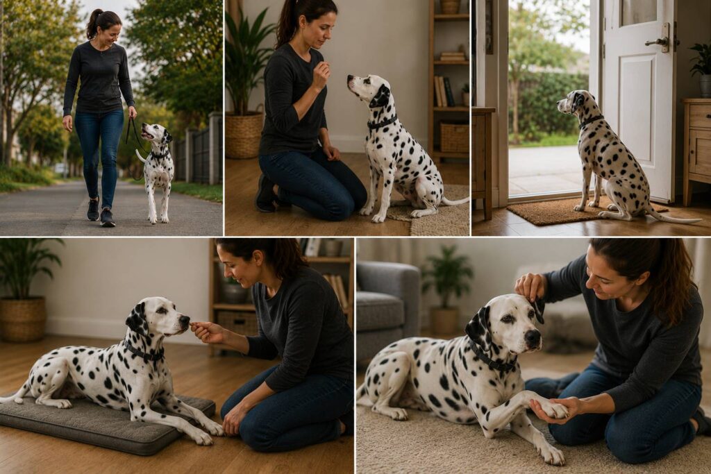 Dalmatian learning loose-leash walking, calm settling, and everyday skills through reward-based training