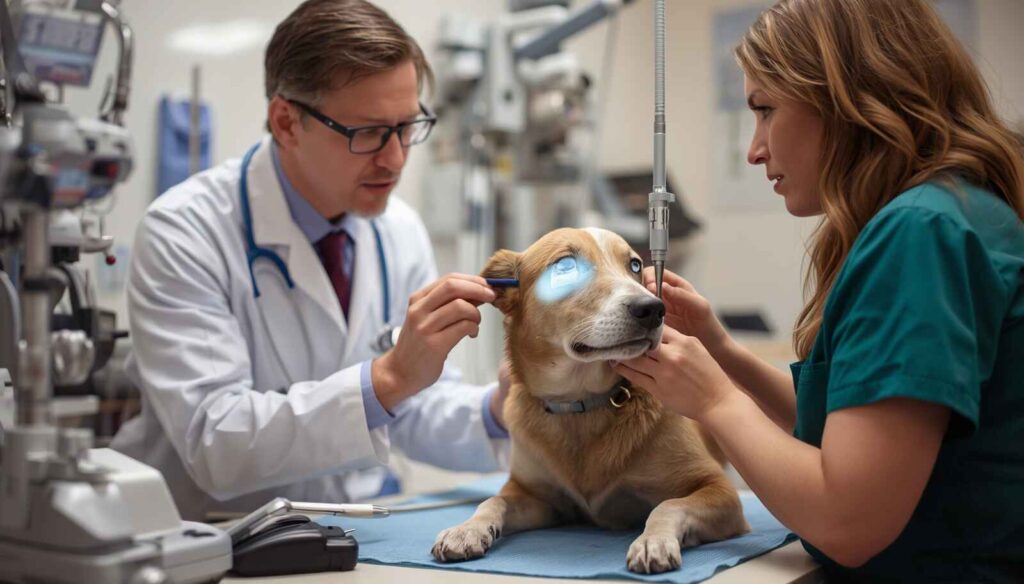 Veterinarian examining a dog with cloudy eyes during an eye health checkup