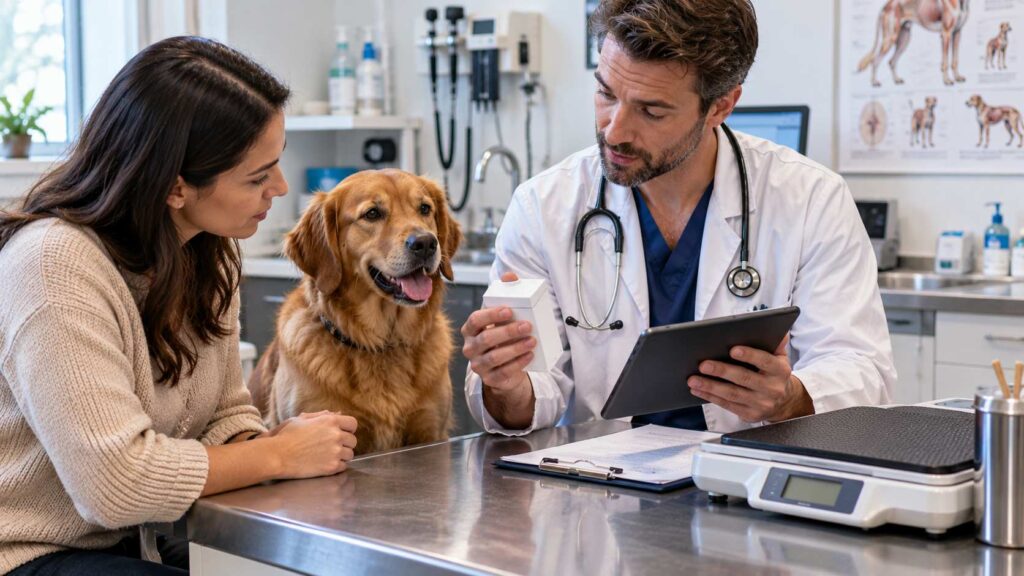 Veterinarian discussing parasite medication with a dog owner during a consultation at an animal clinic.