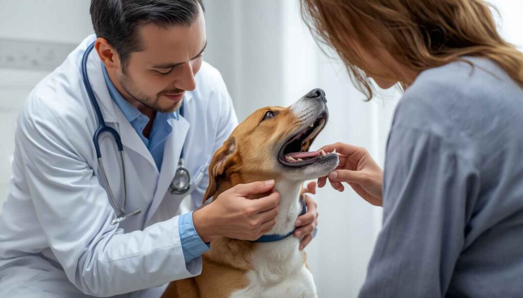 Veterinarian examining a dog's throat while discussing treatment and supportive care with the owner
