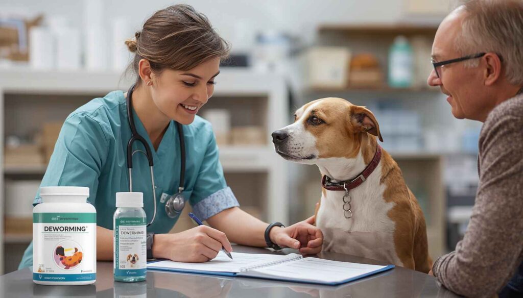 Veterinarian discussing deworming treatment options for a dog with parasites