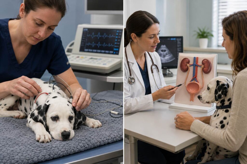Dalmatian puppy receiving a BAER hearing test alongside a veterinary discussion about urinary health