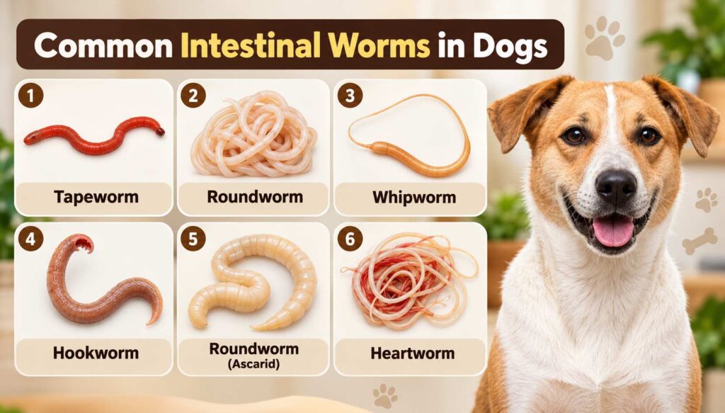 Educational infographic showing common white worms found in dog poop