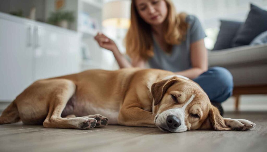 Dog showing signs of stomach discomfort while resting indoors with concerned owner nearby
