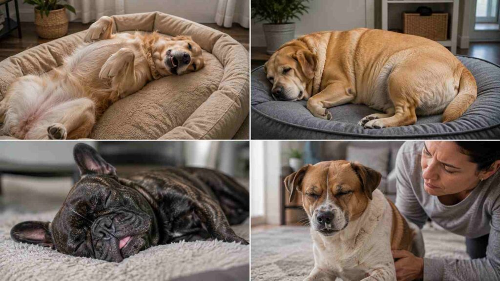 Dogs showing different clues linked with snoring, including sleep position, excess weight, flat-faced anatomy, and nasal symptoms.
