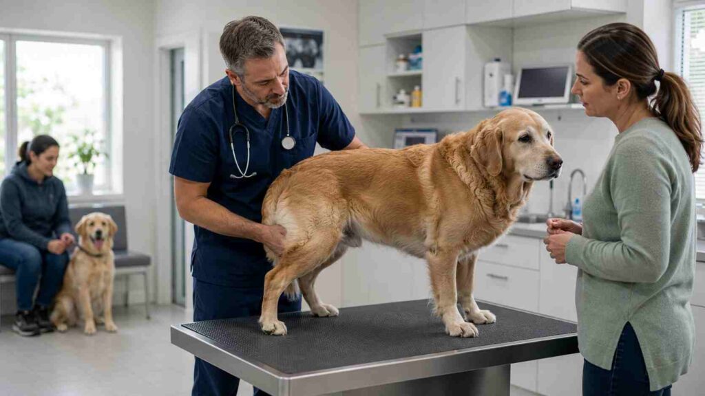 Veterinarian examining an older resident dog before the owner considers bringing a second dog into the household.